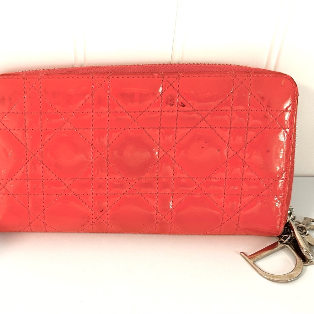 Lady Dior Cannage Pink Patent Leather Zip Wallet with Charm